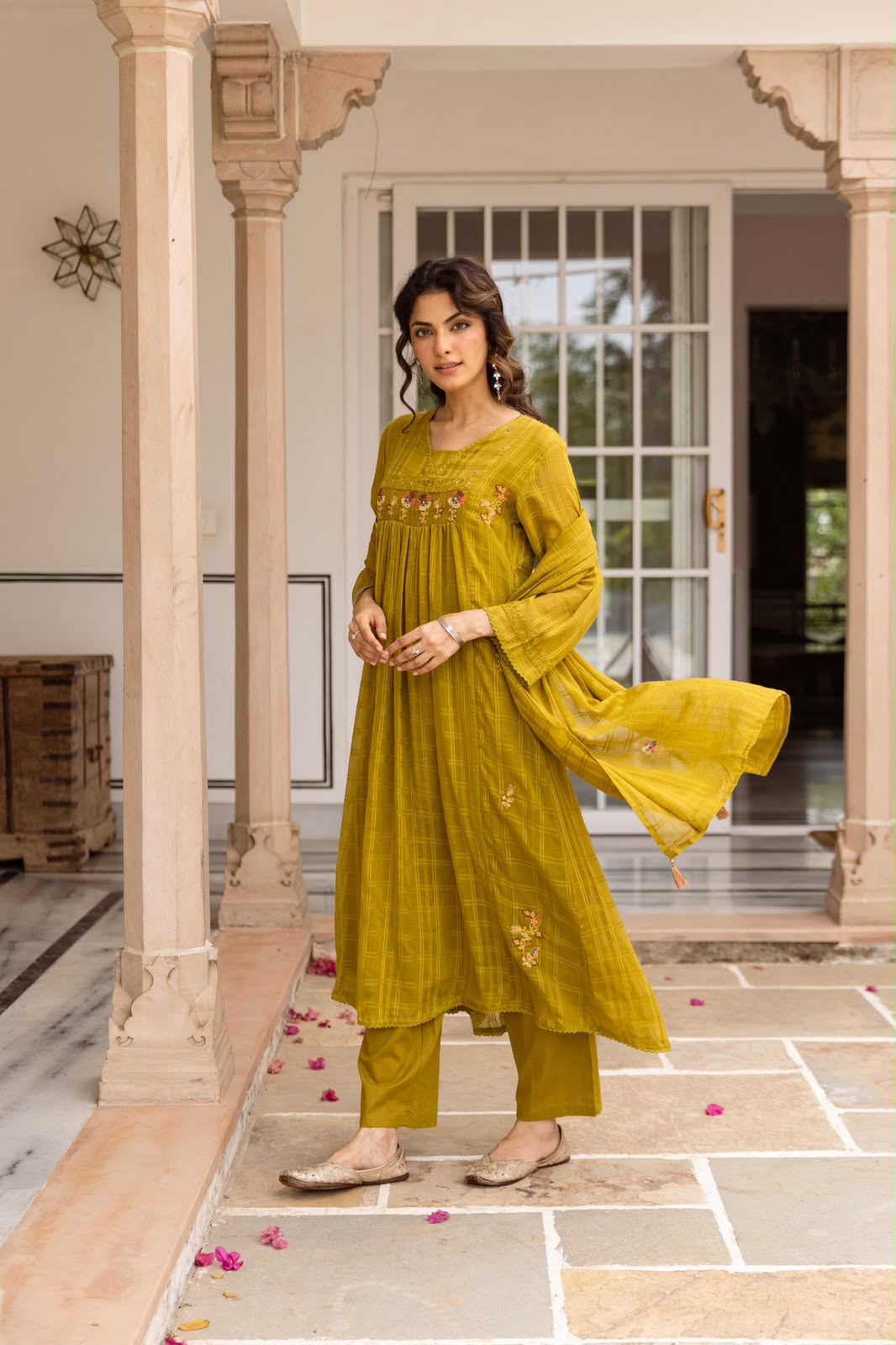 Premium Mul cotton Kota checks suit set in olive green