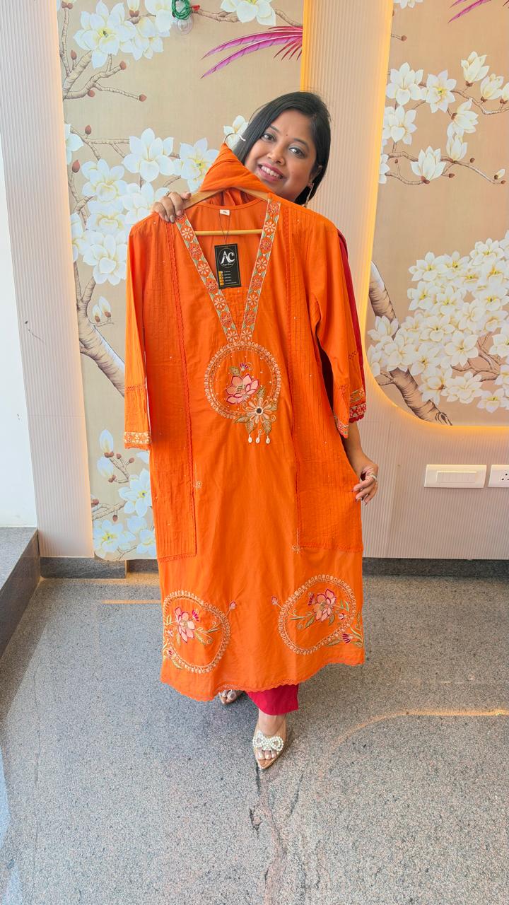 Pure cotton applique suit set in orange