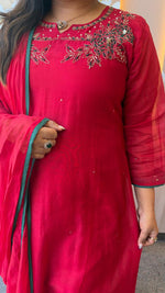 Pretty red Banarasi mulchanderi with pretty detailing and green highlightFull suit set