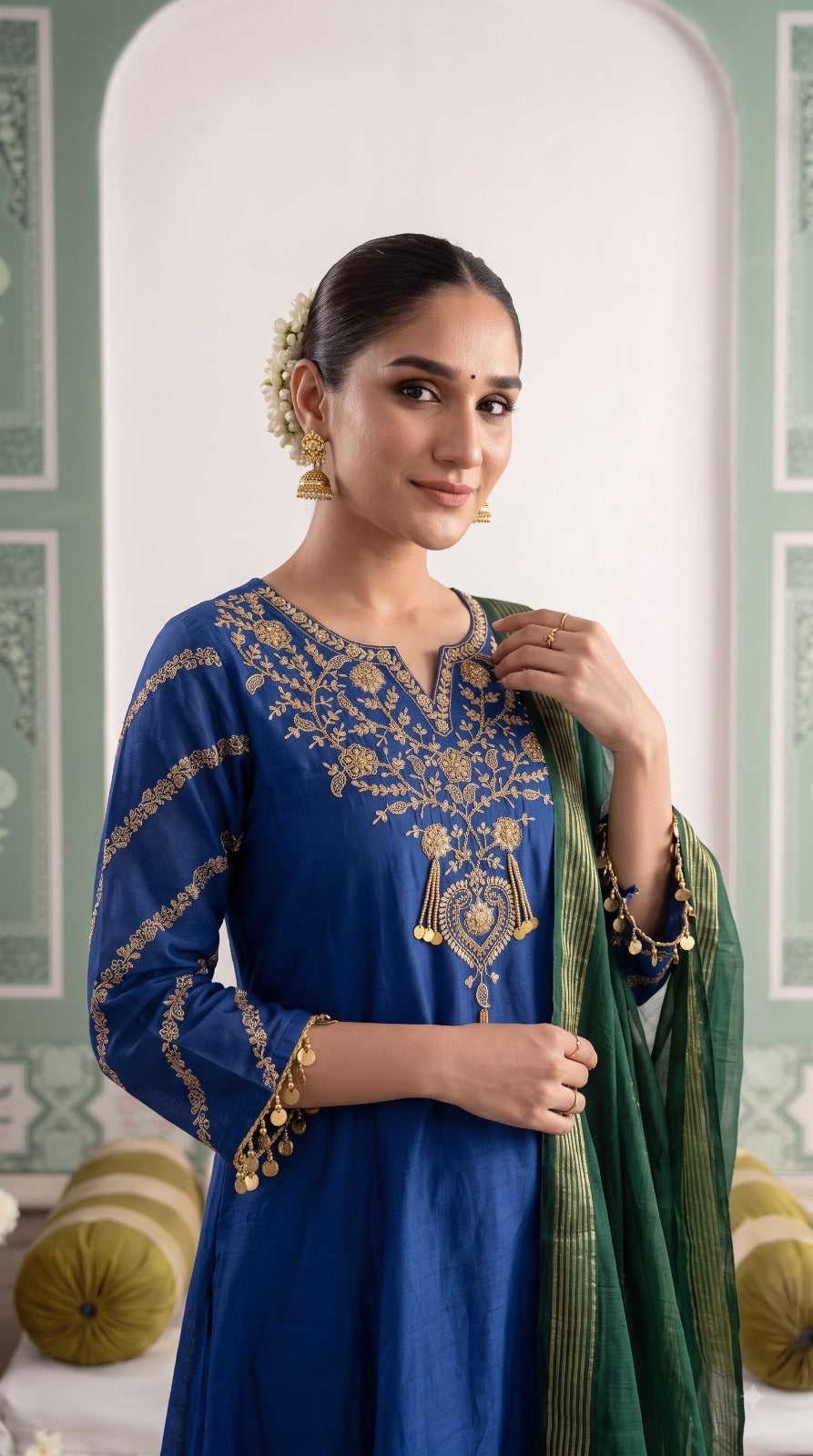 Super pretty Mul chanderi suit in blue n green