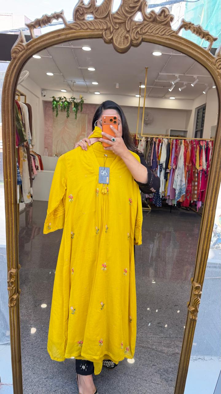Restocked fully embroidered yellow full suit set in Mul cotton.