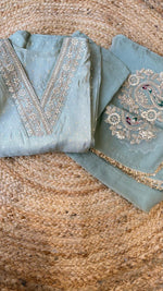 Premium tissue zari weaved unstitched suit set in blue