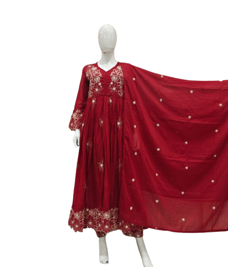 Pretty mul cotton embroidered Anarkali suit set in red