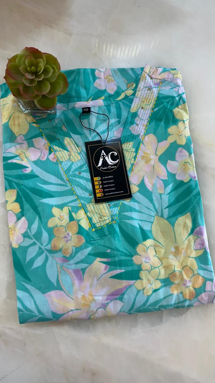 V neck blue floral rayon kurta