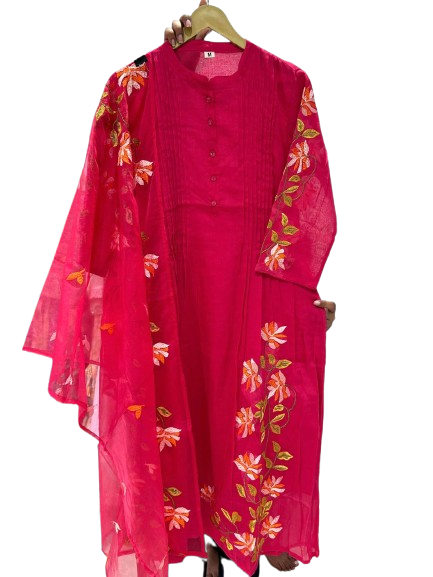 Pure mul cotton embroidered suit set paired with organza