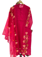 Pure mul cotton embroidered suit set paired with organza