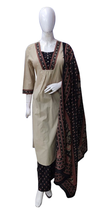 Premium cotton suit set paired with mul cotton dupatta in black