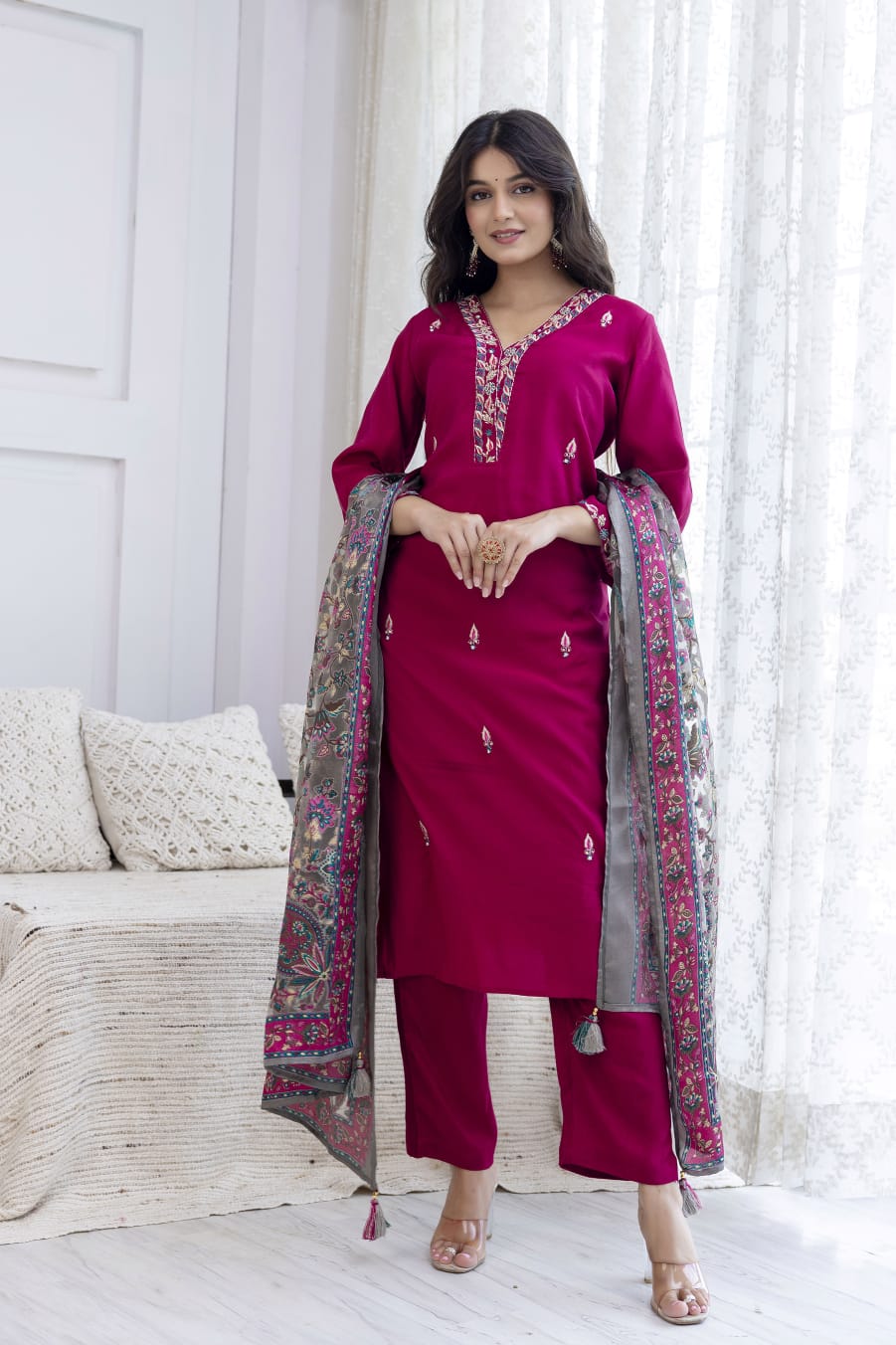 Pure muslin silk suit set with brassso dupatta