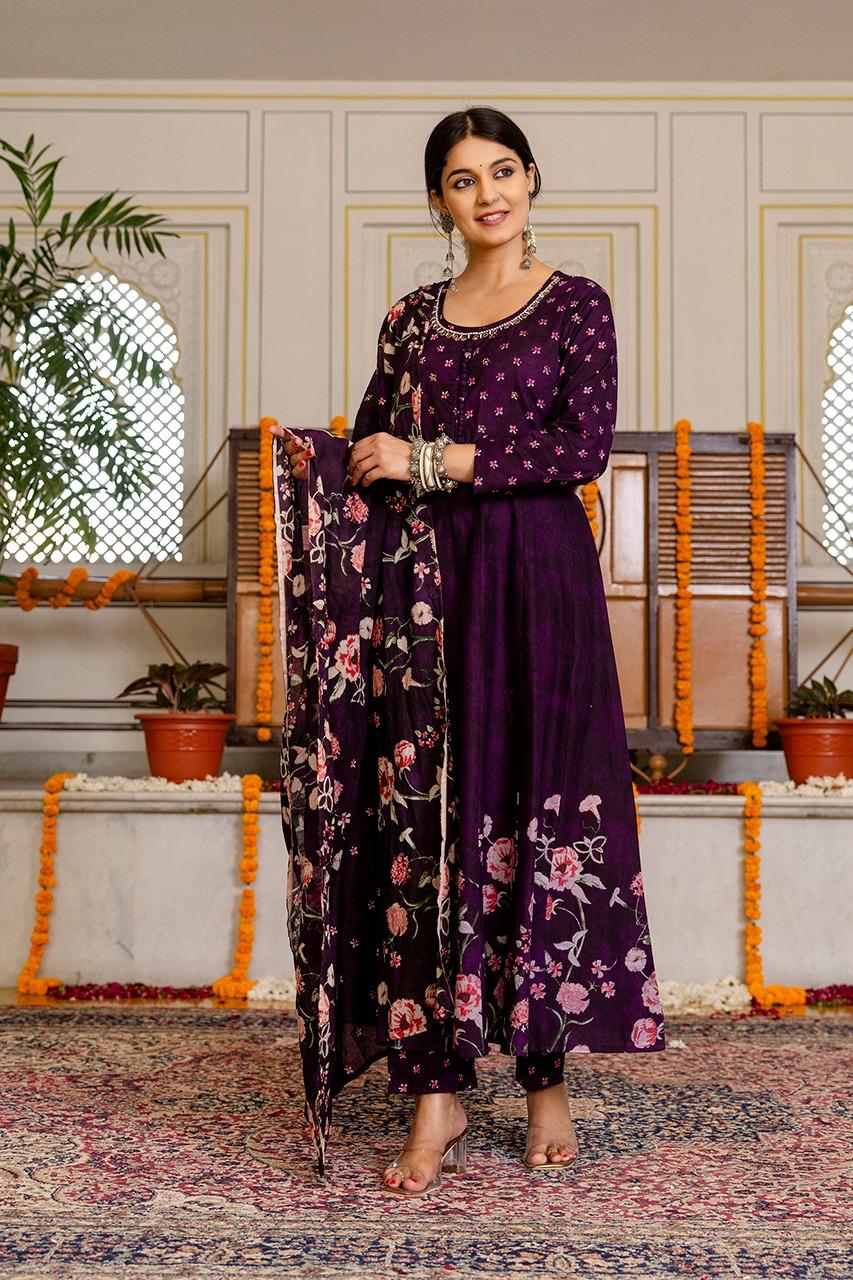 Premium digital printed cotton Anarkali suit in wine