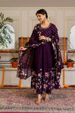 Premium digital printed cotton Anarkali suit in wine