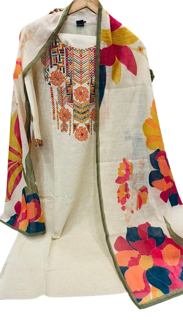 Premium cotton embroidered suit set paired with pretty dupatta