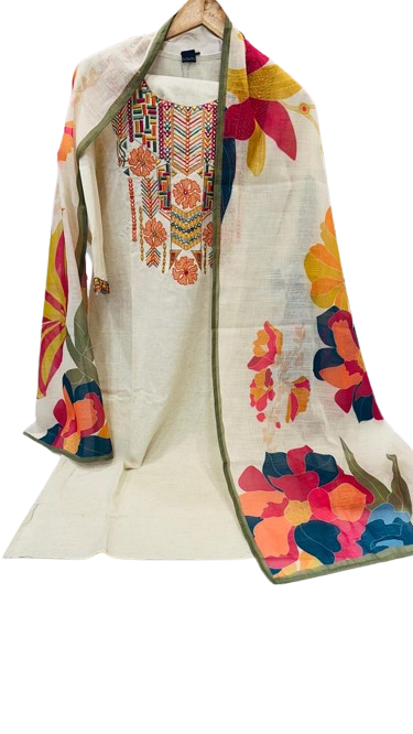 Premium cotton embroidered suit set paired with pretty dupatta