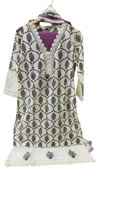 Pure cotton V neck lace detailing suit set