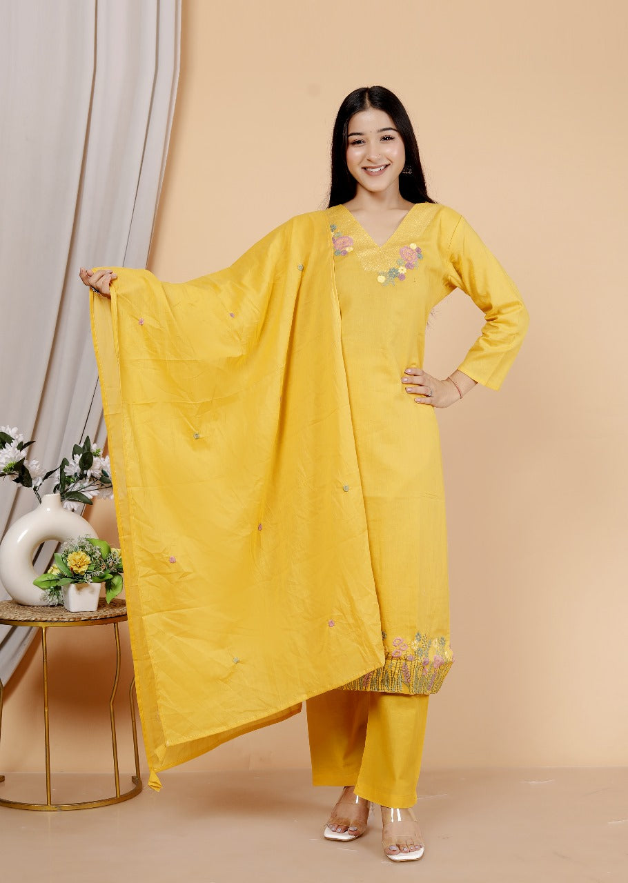Yellow embroidered cotton suit set