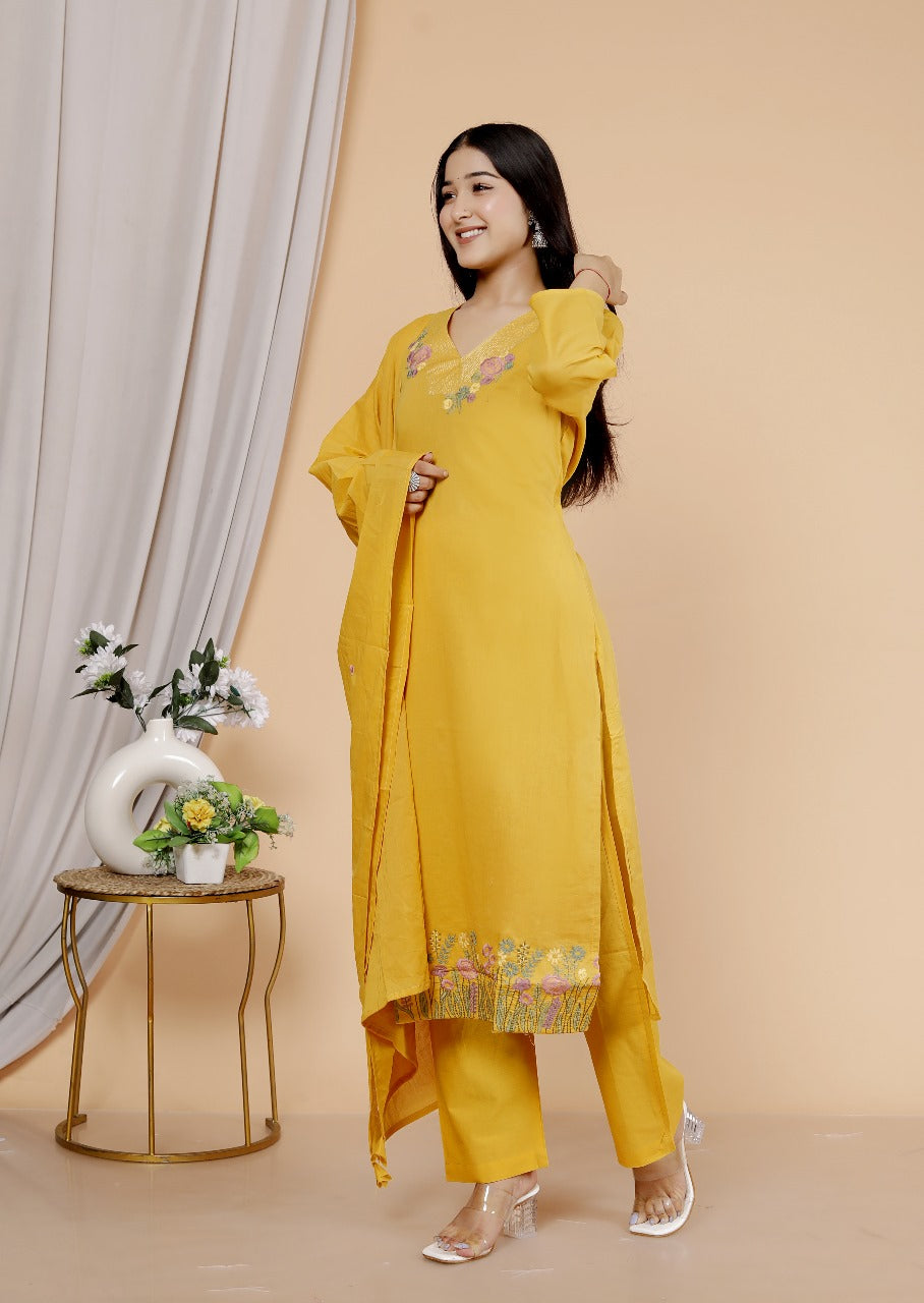 Yellow embroidered cotton suit set