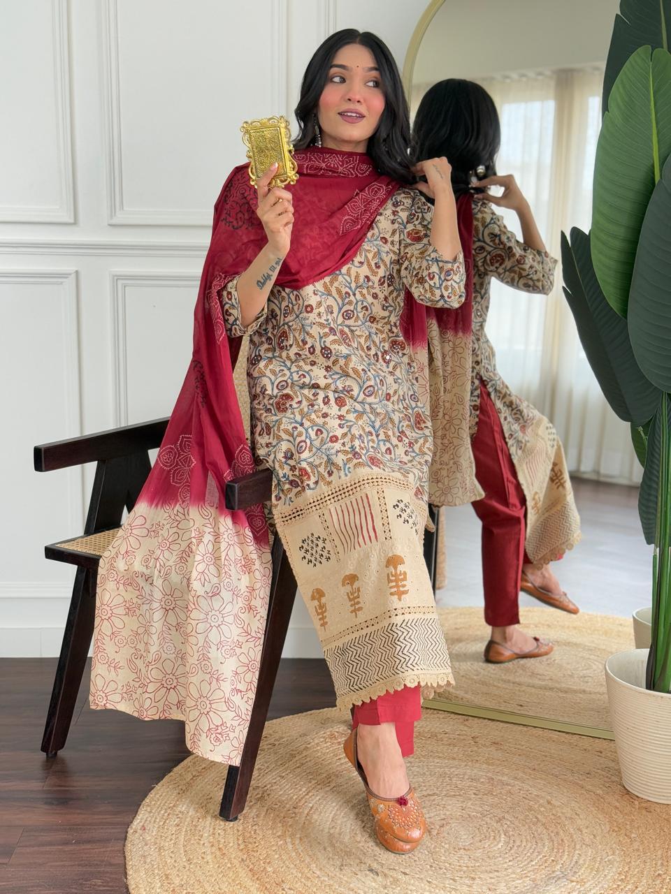 Pure cotton stylish bagru print with lace detailing suit set