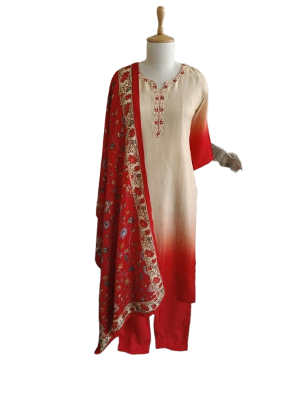 Smart Dola silk ombré effect suit suit paired up with a gorgeous kalamkari dupatta in beige n red