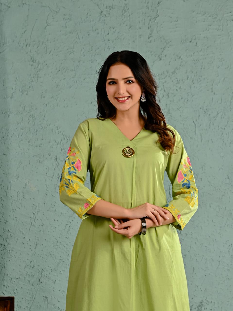 Wow cotton fully embroidered in green kurta pant