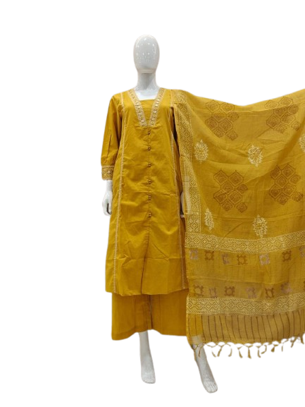 Yellow pure cotton full suit set paired with soft Chanderi dupatta