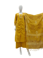 Yellow pure cotton full suit set paired with soft Chanderi dupatta