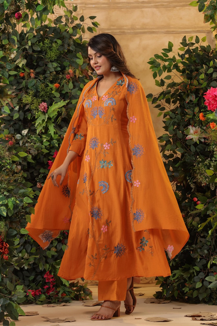 Pretty pretty embroidered Mul Chanderi Anarkali suit set