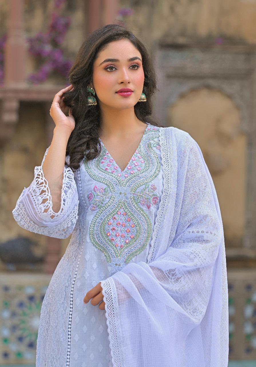 Designer cotton net suit set in blue