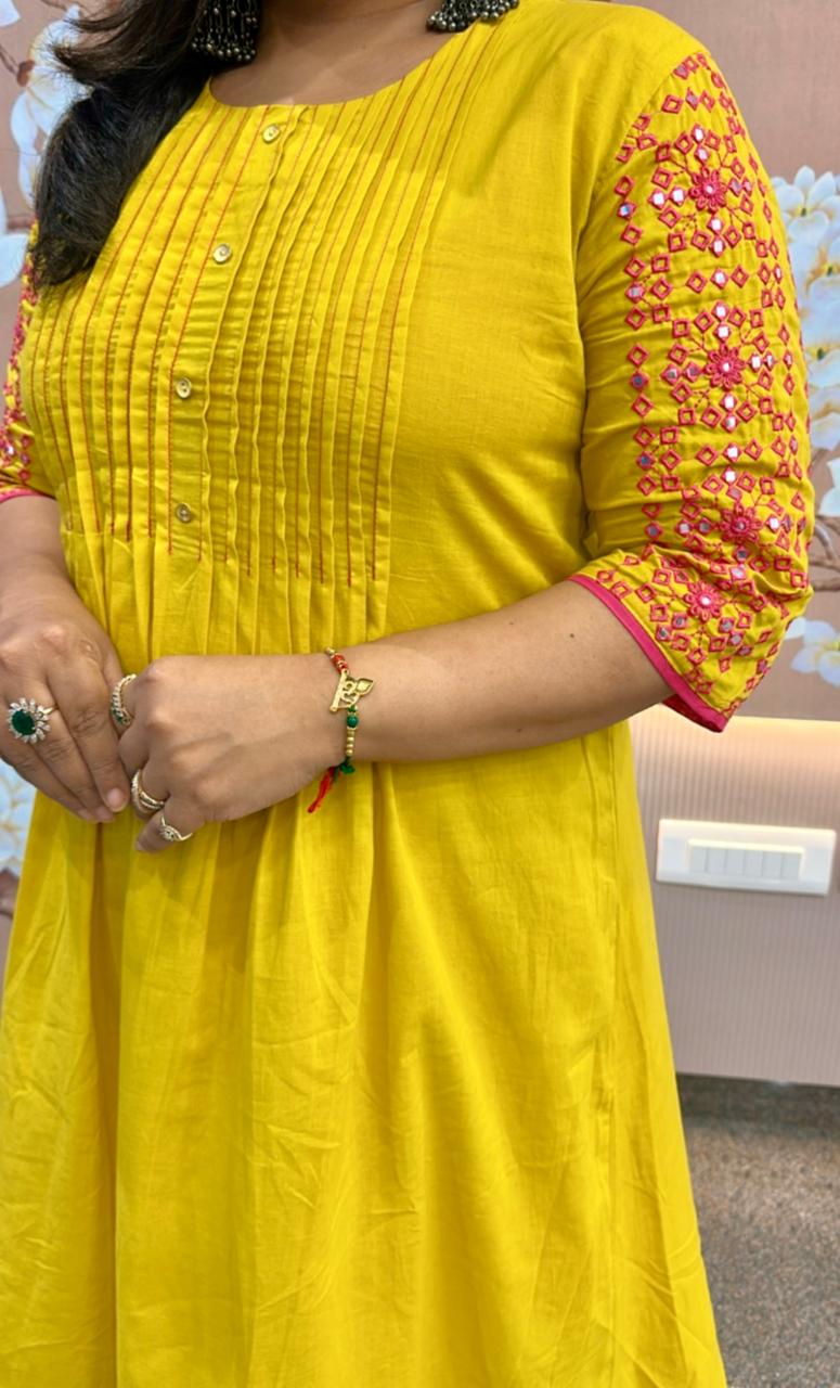Designer sleeves yellow super soft cotton kurta pant