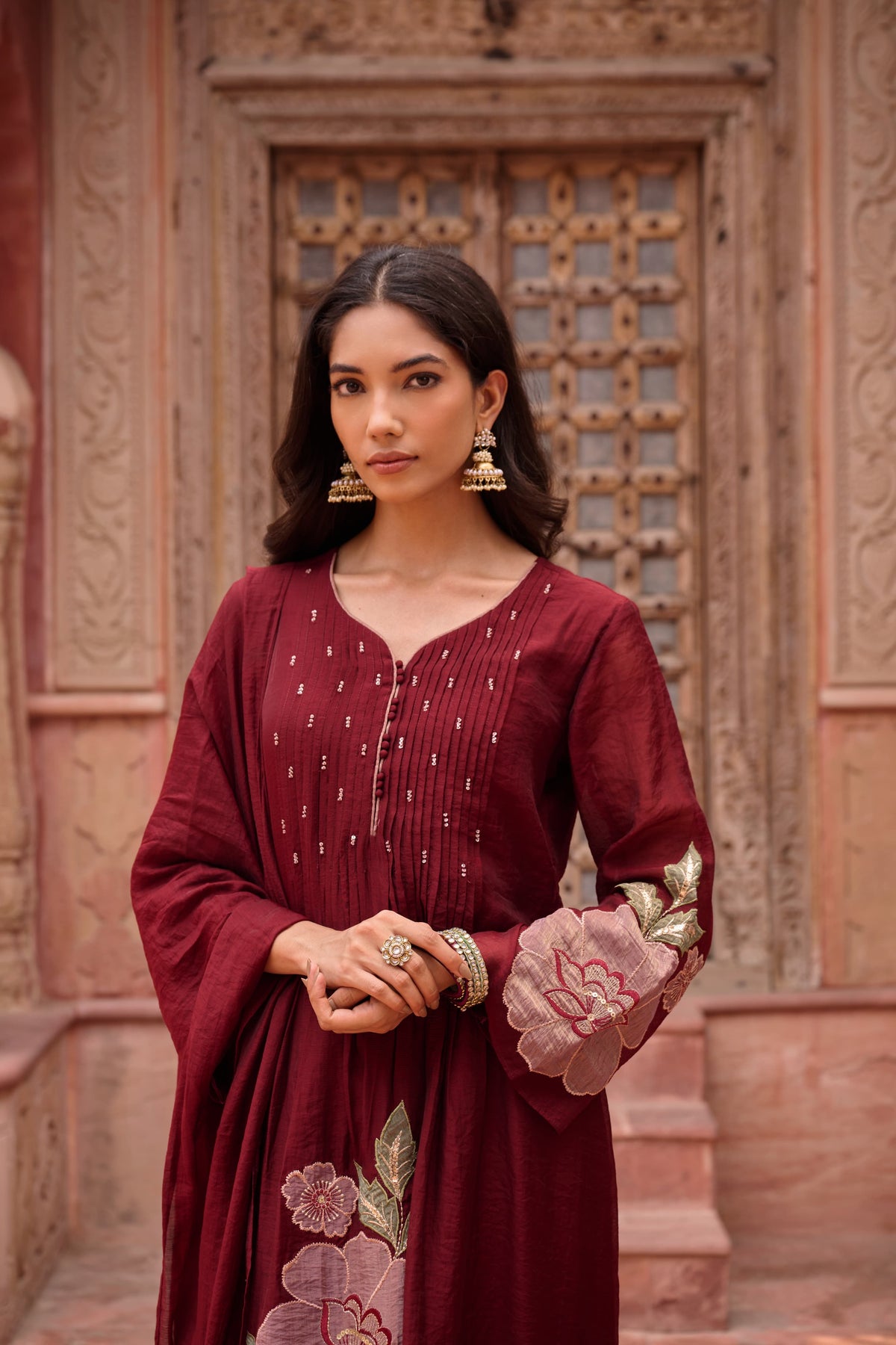 Smart appliqué work Mul Chanderi suit set