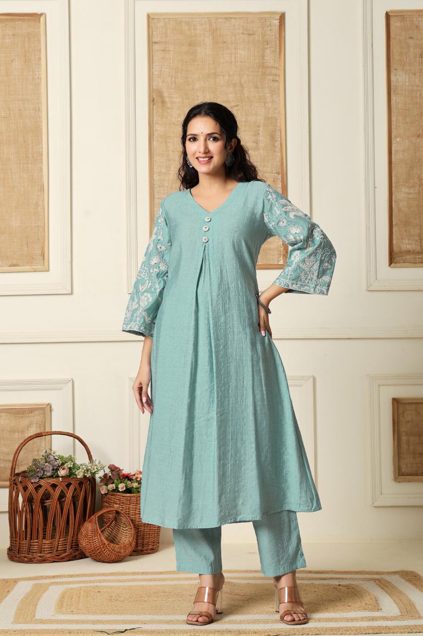Raw silkdesigner sleeves smart kurta pant in blue