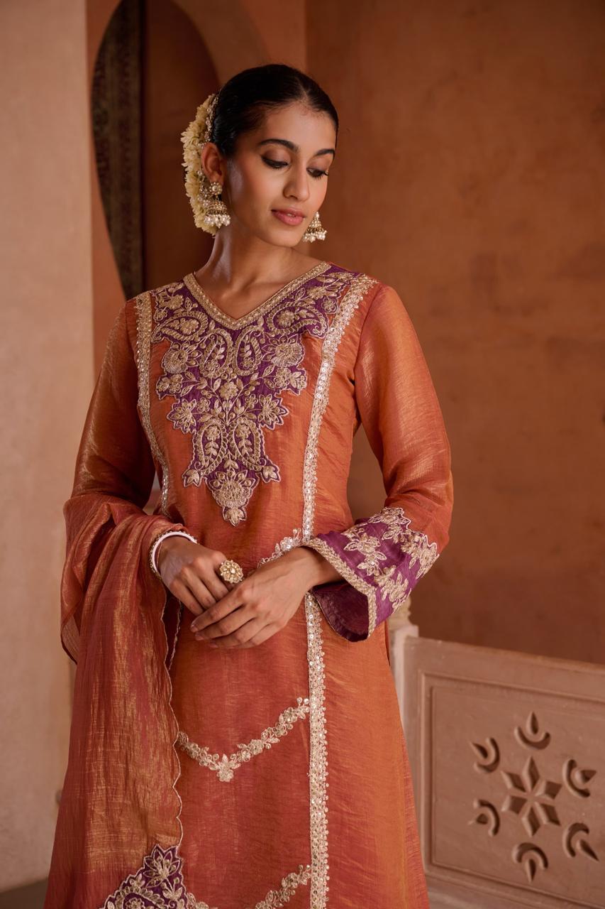 Royal look! Premium tissue hand Zari detailing suit set comes with lining in blue