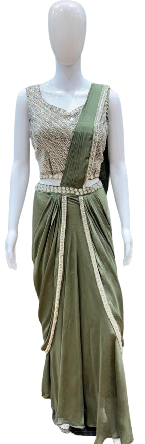 Wow chinon smart drape saree in green