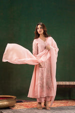 Pure organza appliqué work suit set in pink