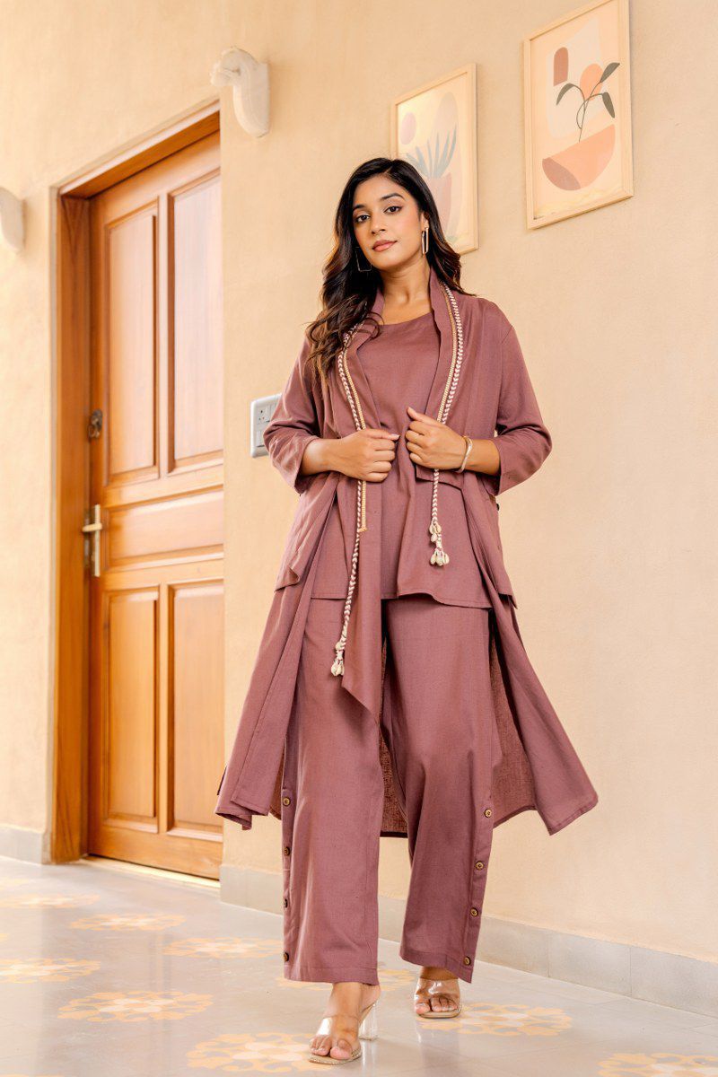 Designer cotton jacket pattern co ord set in purple