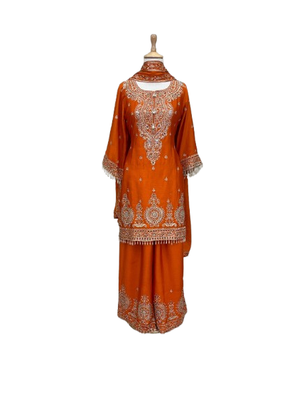 Heavy chinon cut work embellished palazzo suit set