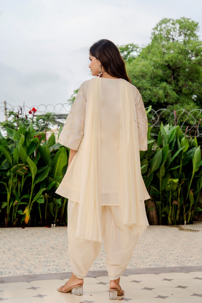 Embroidered Mul Chanderi with tulip pant