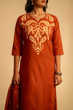 Pure cotton designer back printed pocket suit set in orange