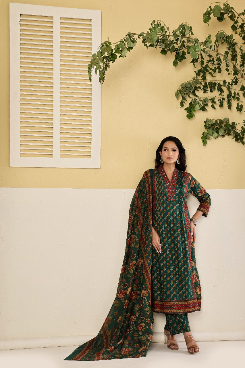 Pure cotton Kalamkari suit set in green