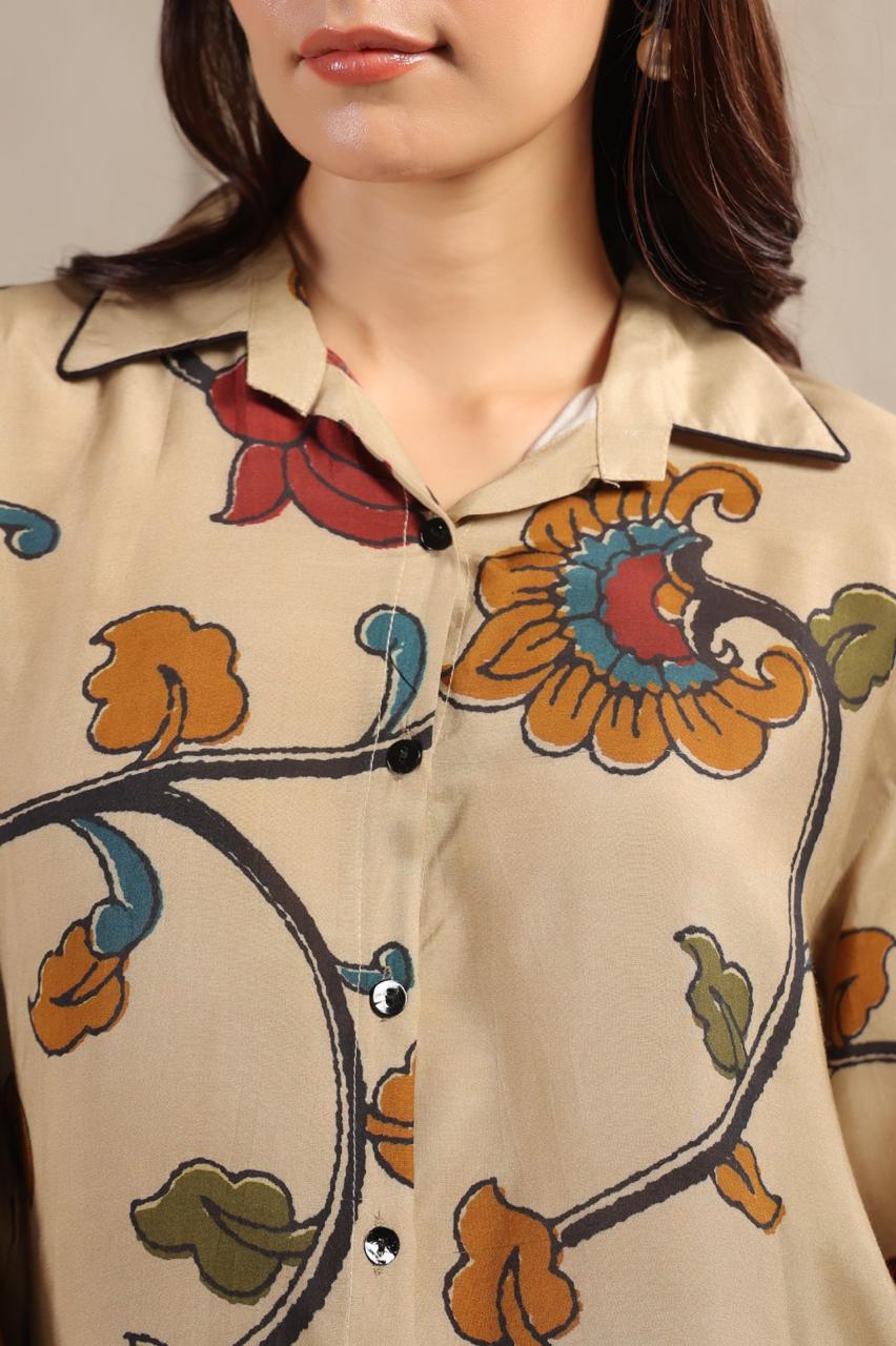 Pure Mul silk Kalamkari shirt in beige