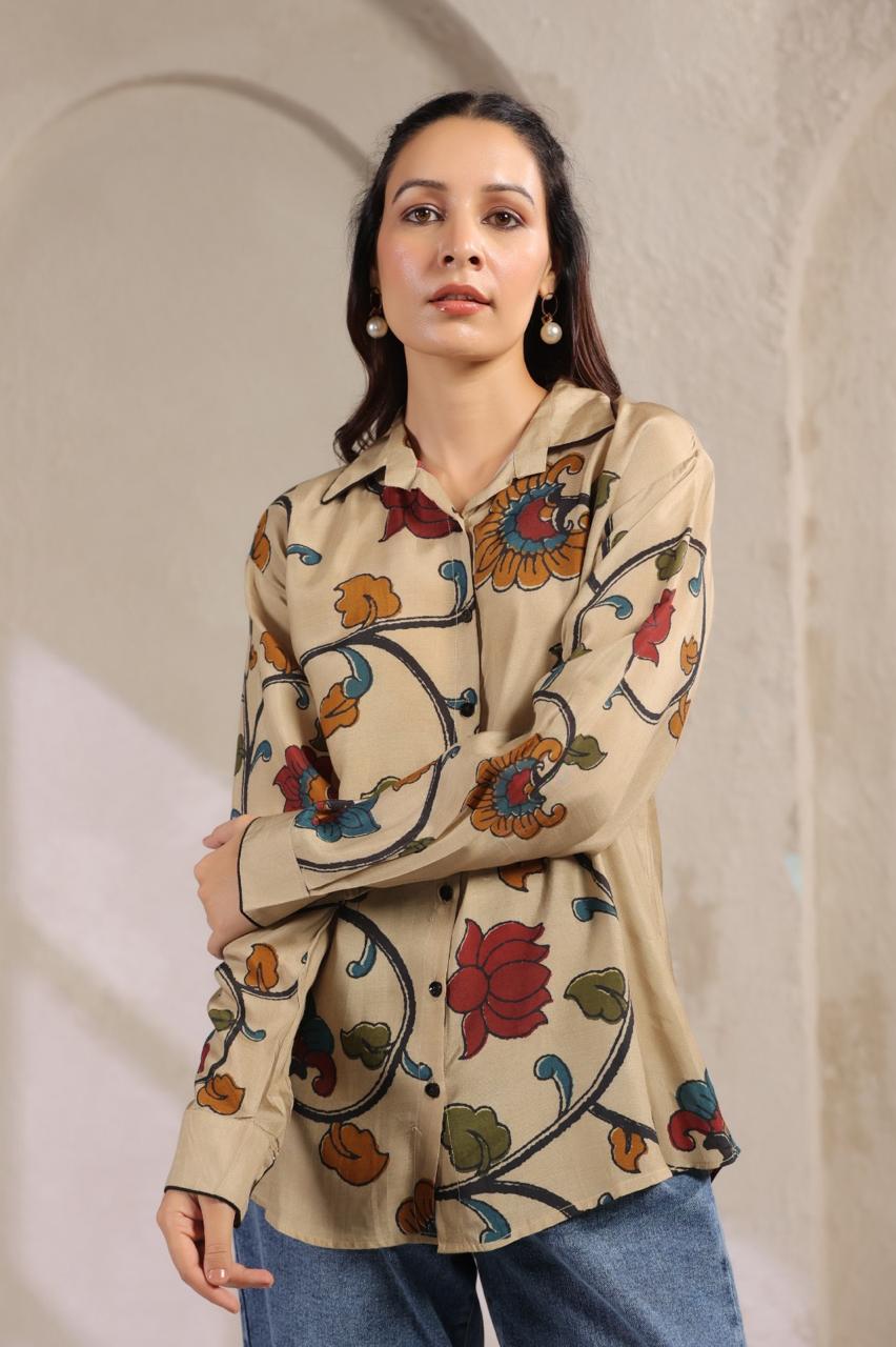 Pure Mul silk Kalamkari shirt in beige