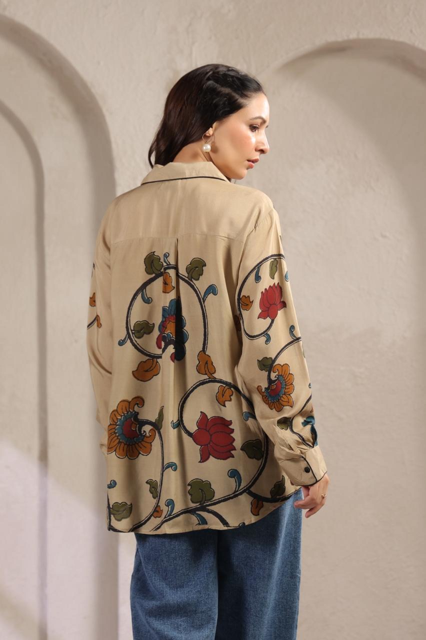Pure Mul silk Kalamkari shirt in beige