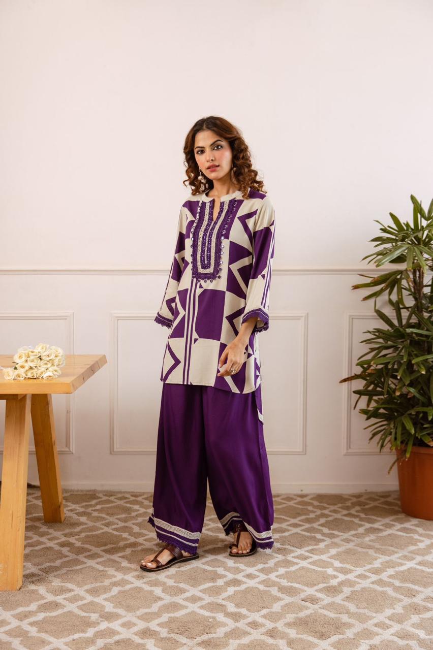 Heavy rayon lace detailing co ord in purple