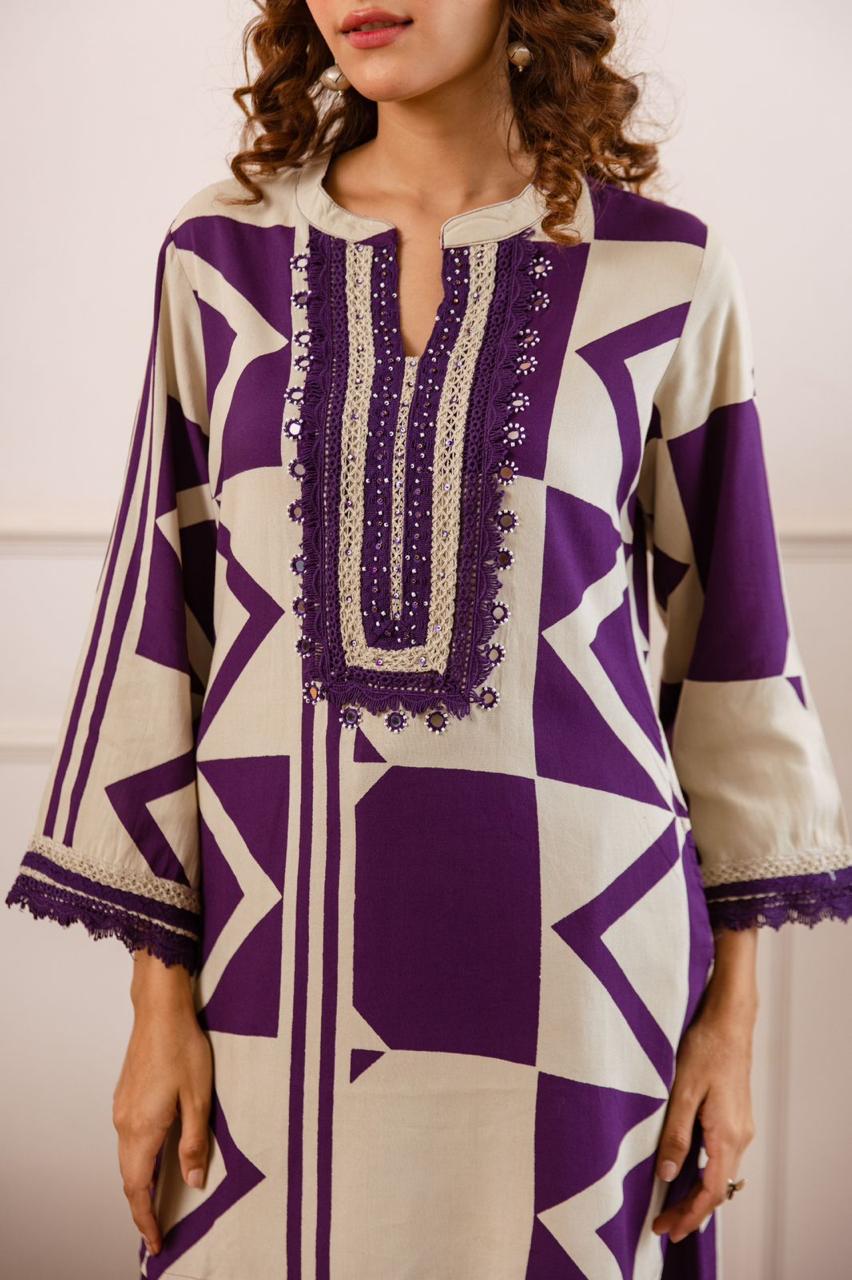 Heavy rayon lace detailing co ord in purple