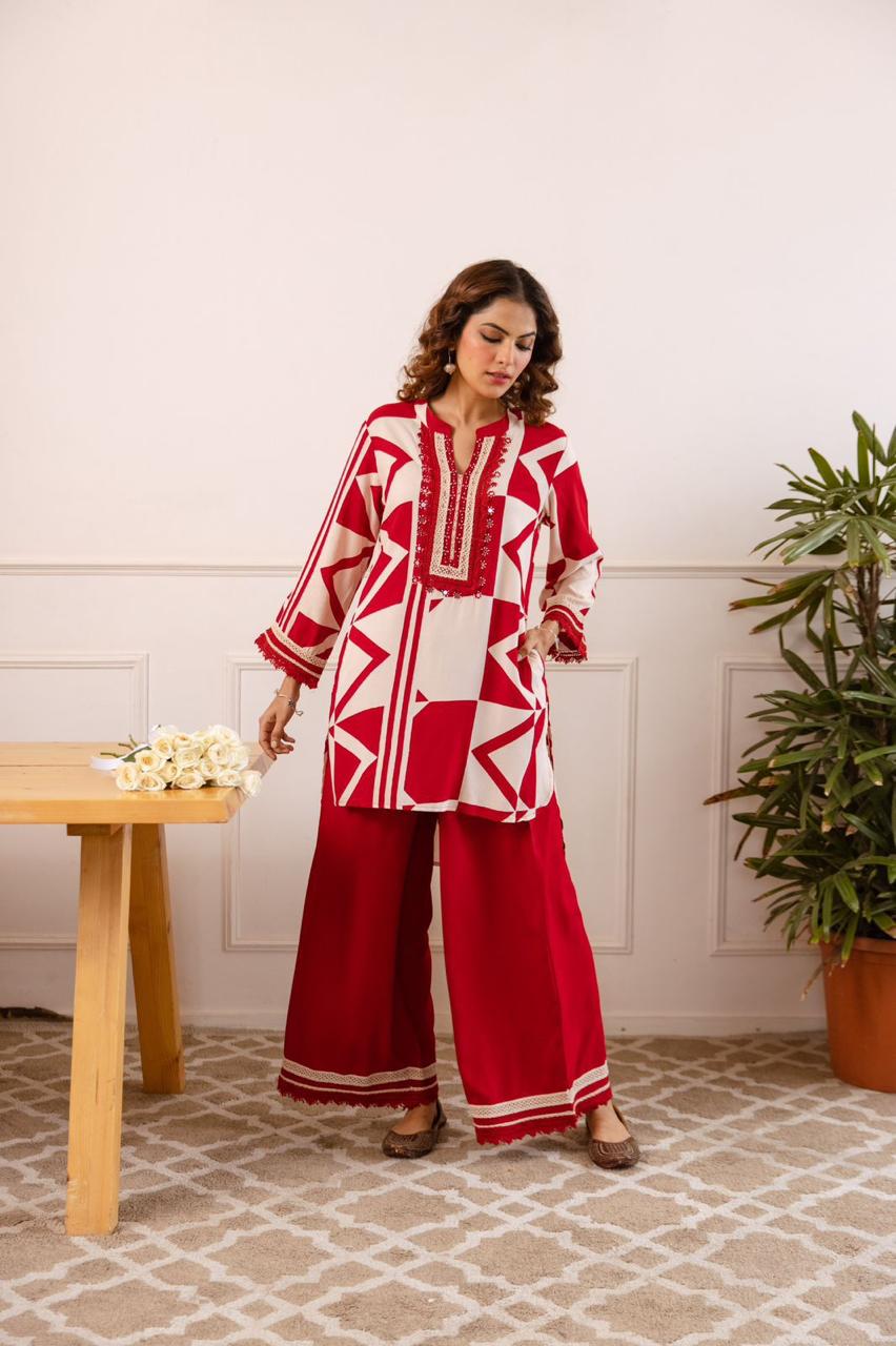 Heavy rayon lace detailing co ord in red