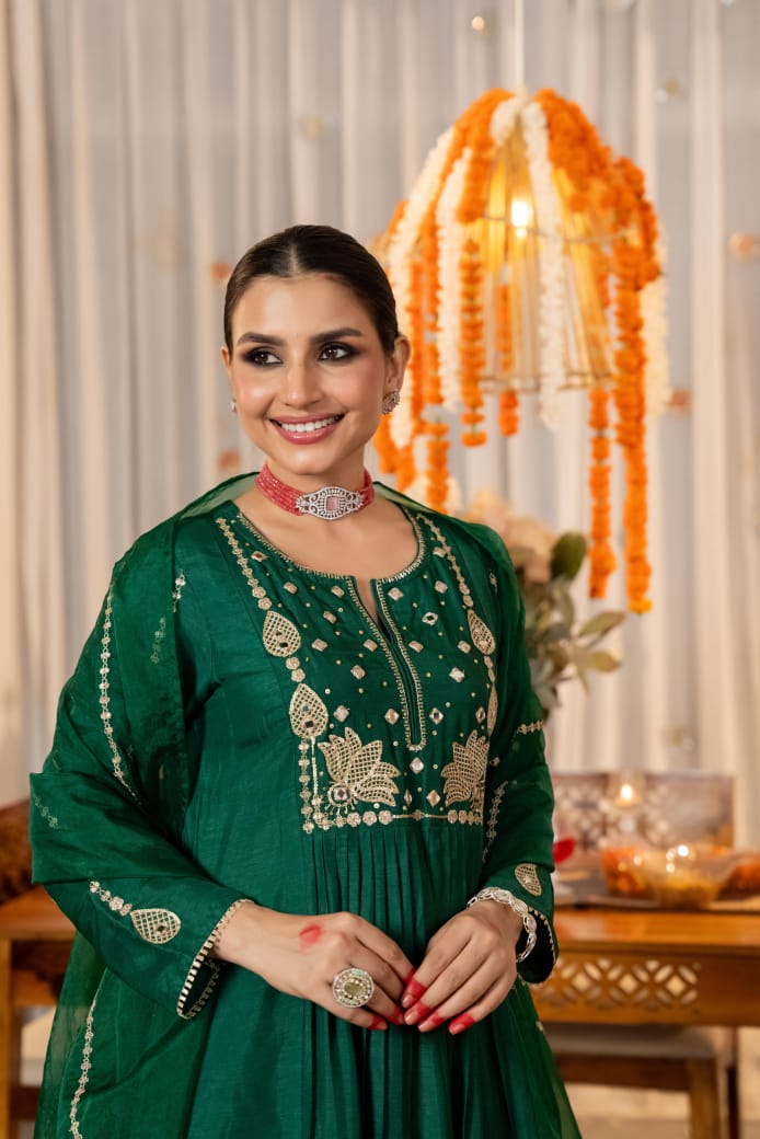Pretty Russian silk Zari embroidered full suit set in green