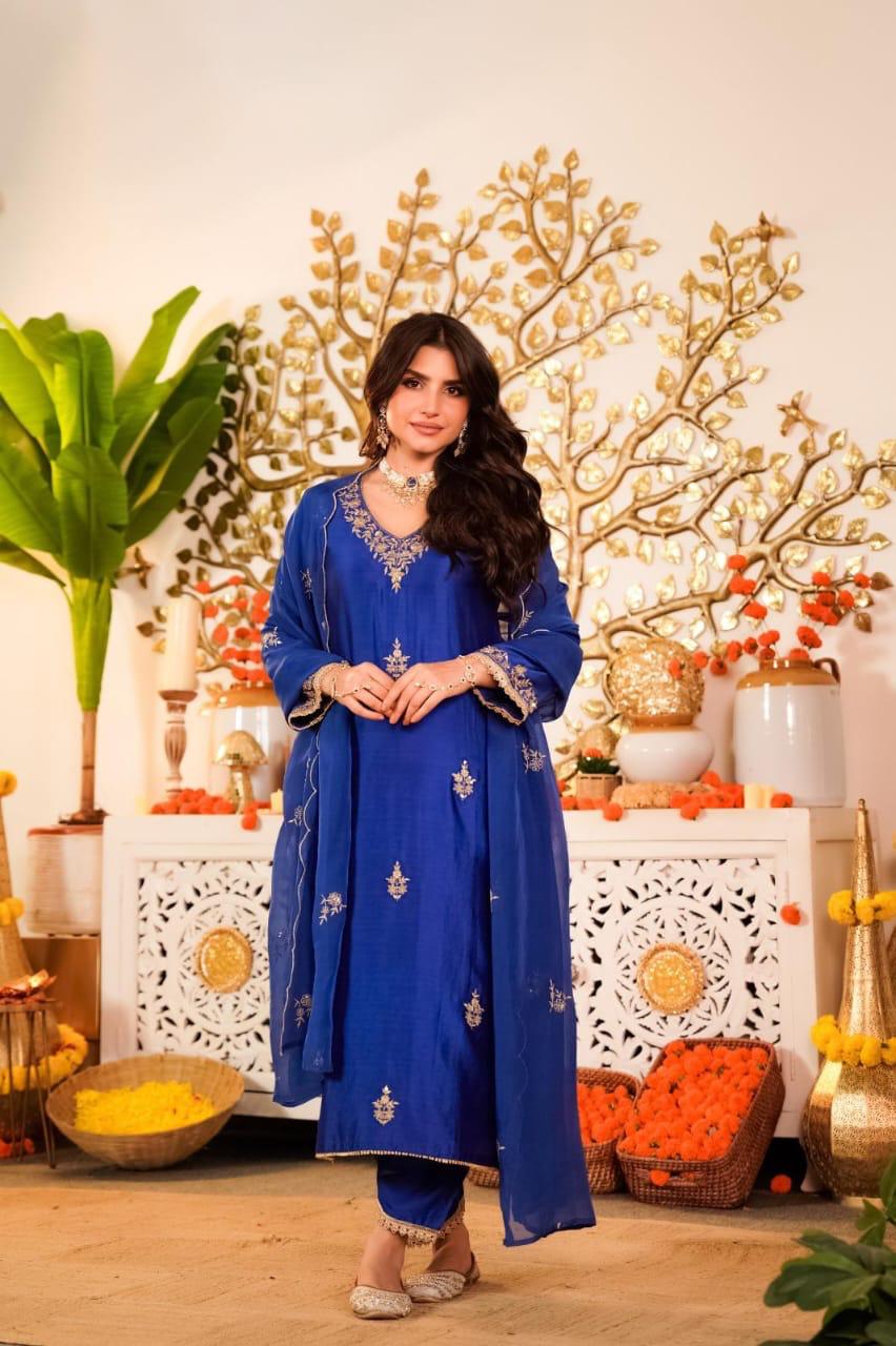 Royal blue Russian silk designer full suit set
