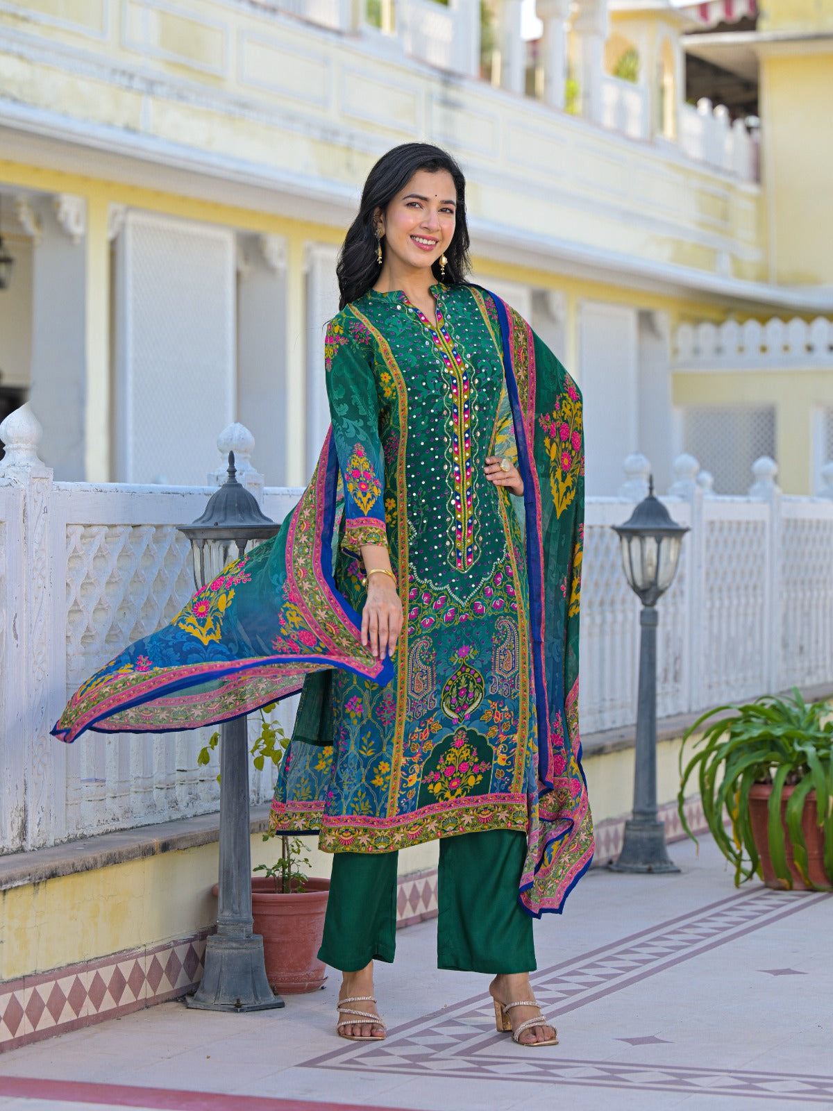 Super premium lining pure crepe full suit set in green