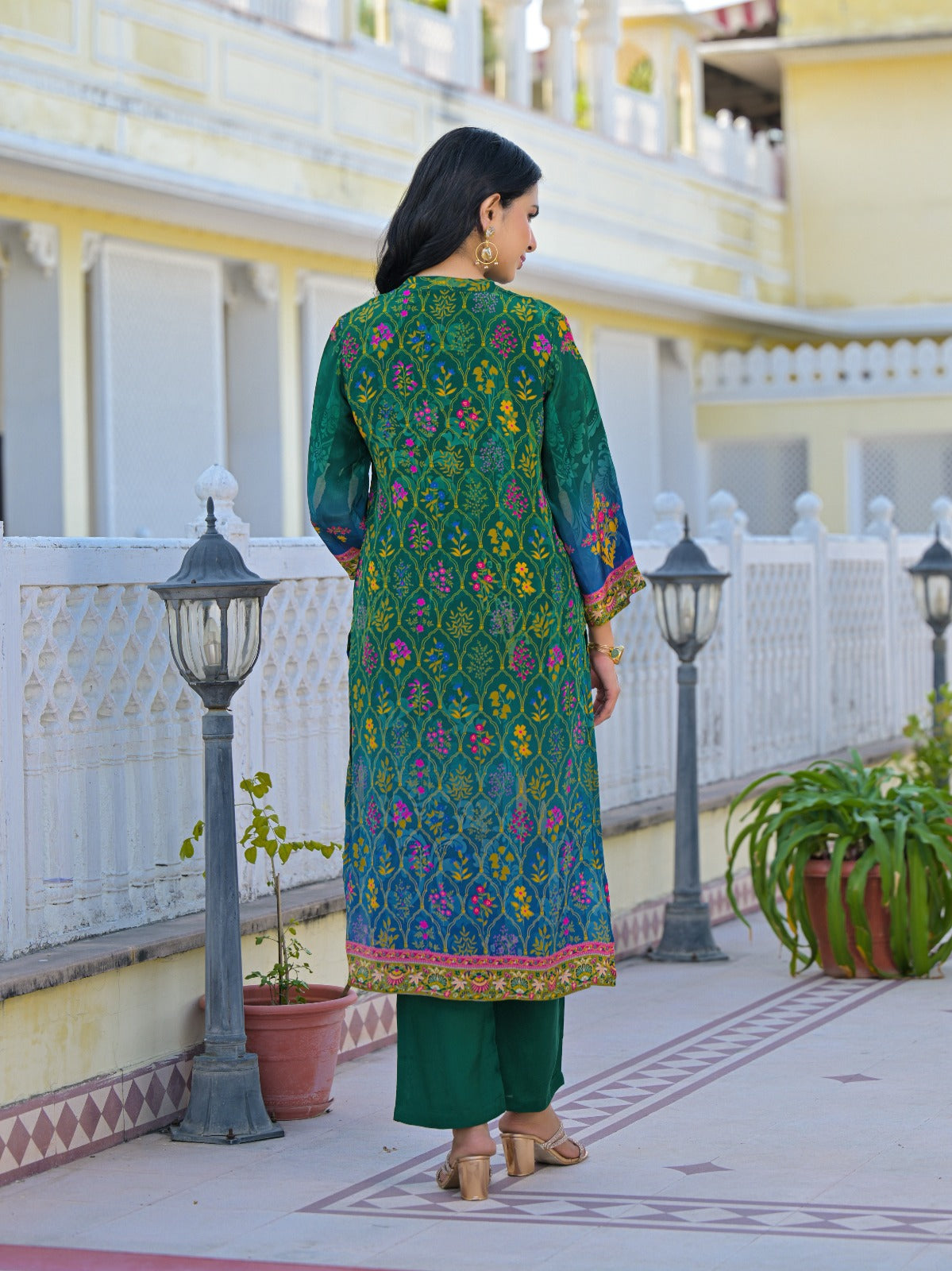 Super premium lining pure crepe full suit set in green