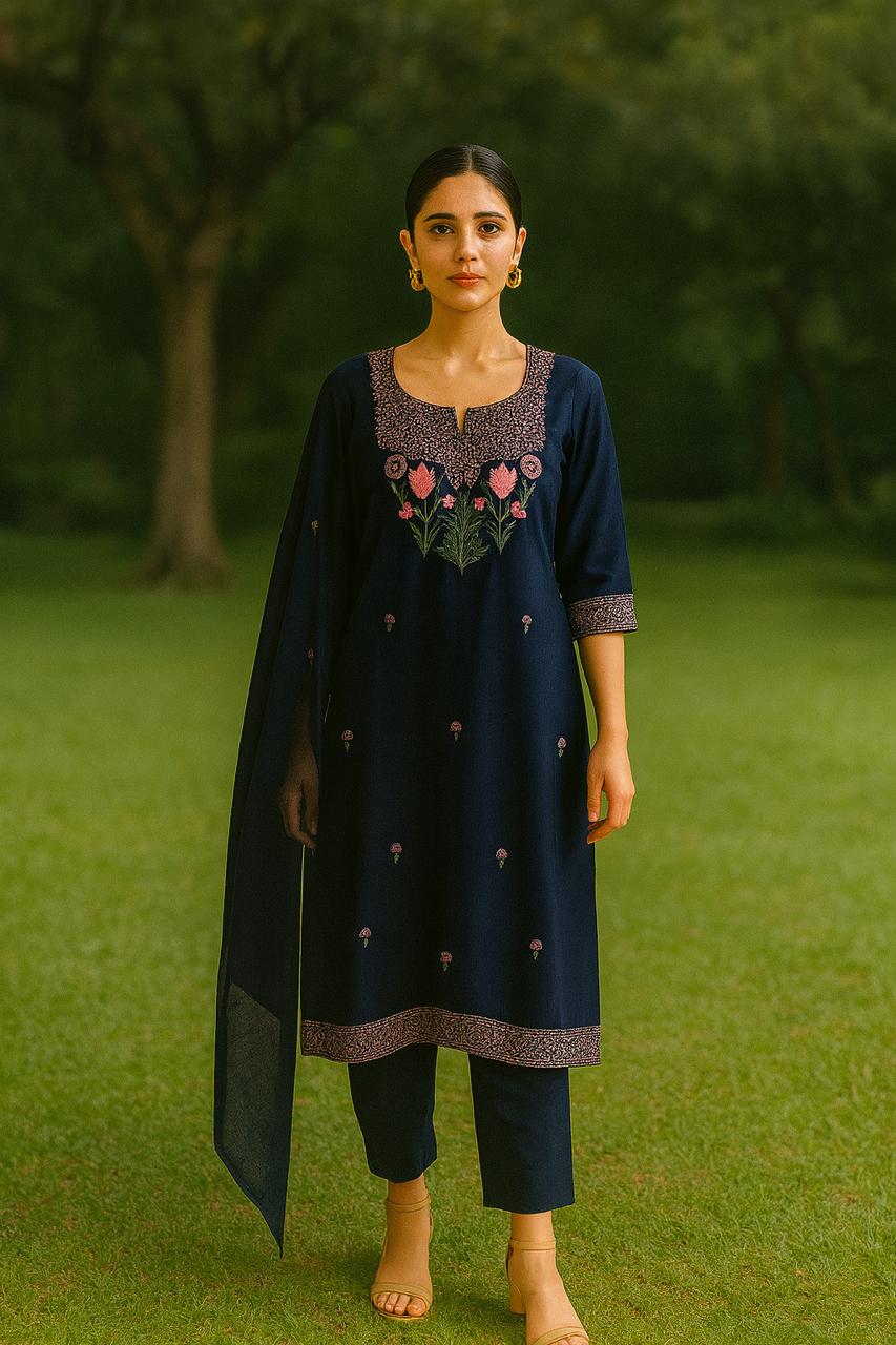 Wow embroidered pure cotton suit set in blue