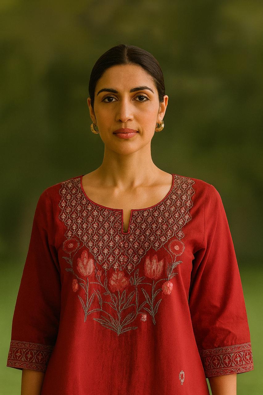 Wow embroidered pure cotton suit set in red