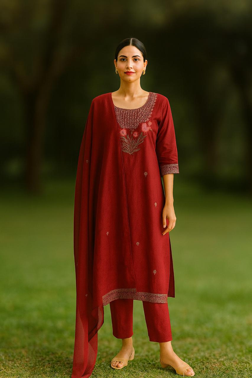 Wow embroidered pure cotton suit set in red
